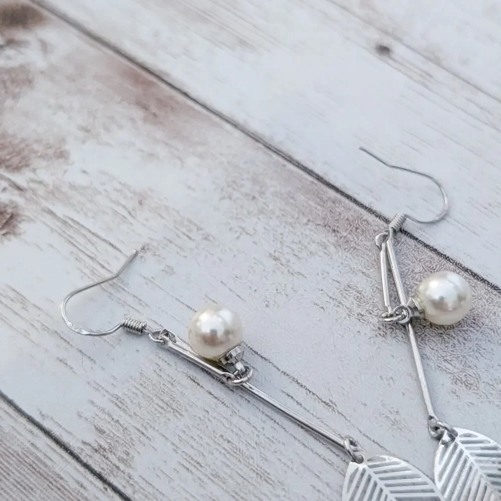 Vintage Dangle Earrings Faux Pearl & Leaf Long Dangle for Pierced Ears 925 Hooks